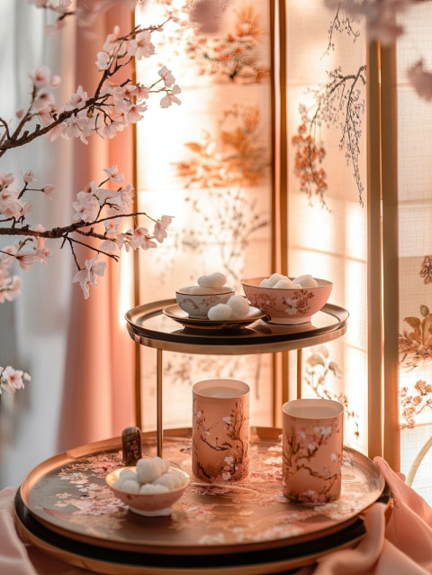 A lacquered tray holds mochi and saké cups A lacquered tray holds mochi and saké cups