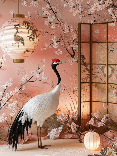 A crane stands gracefully beside a brocade screen A crane stands gracefully beside a brocade screen