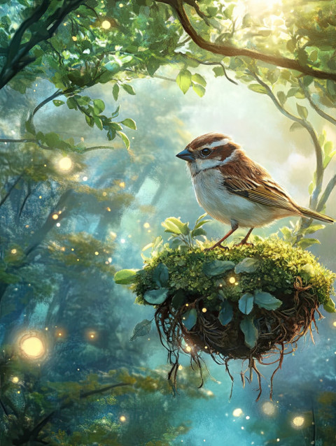 Sparrow perched on a bonsai with kokedama moss ball Sparrow perched on a bonsai with kokedama moss ball