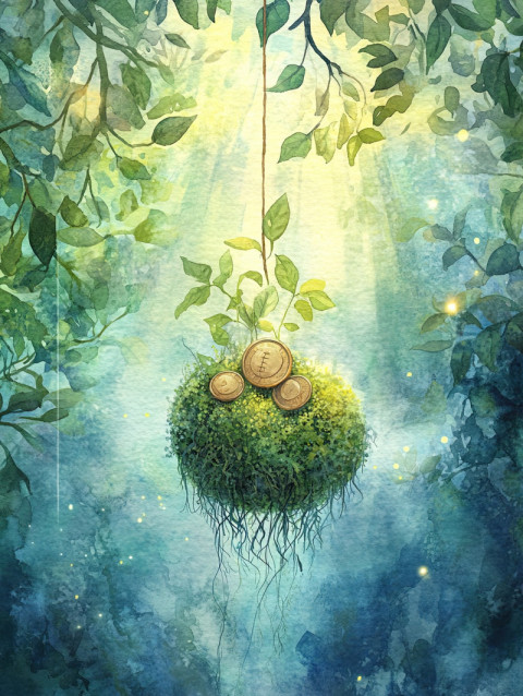 Pile of coins nestled in lush greenery and kokedama moss balls Pile of coins nestled in lush greenery and kokedama moss balls