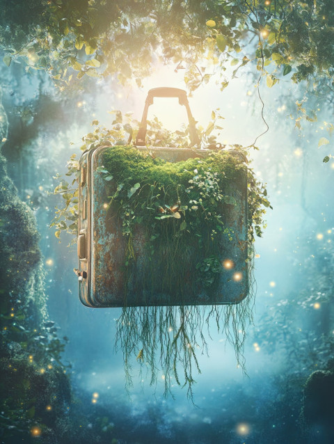 Vintage suitcase covered in ivy and kokedama moss balls Vintage suitcase covered in ivy and kokedama moss balls