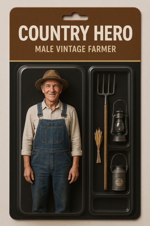 Male vintage farmer in realistic collectible action figure style Male vintage farmer in realistic collectible action figure style