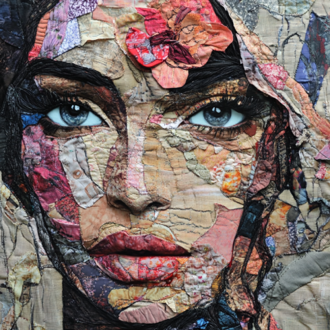 A face of a beautiful woman made from fabric collagein the style of made of lace A face of a beautiful woman made from fabric collagein the style of made of lace