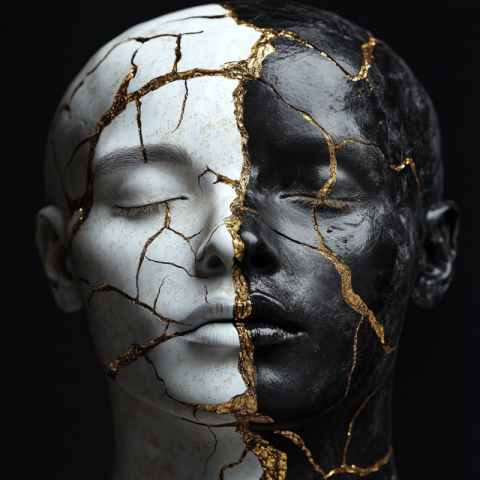 Golden Male and female cracked and glued with golden dust faces in kintsugi art style Golden Male and female cracked and glued with golden dust faces in kintsugi art style