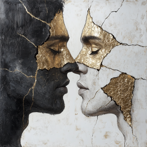 One sided love between to males incorporate gold cracks in kintsugi art style One sided love between to males incorporate gold cracks in kintsugi art style