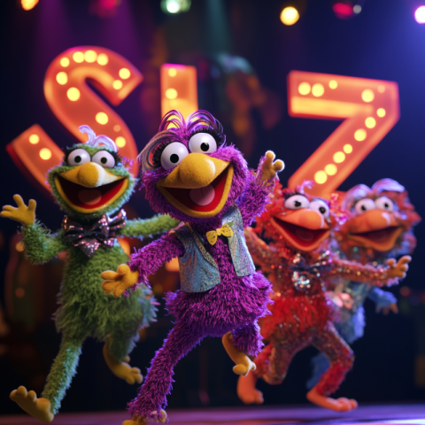 Muppet puppets dancing around a 3D logo Muppet puppets dancing around a 3D logo