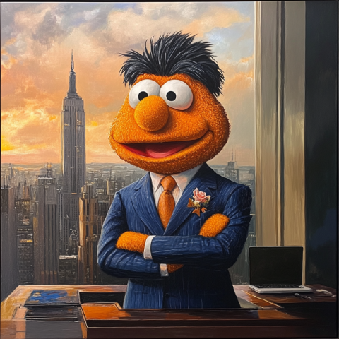 A portrait of a orange Muppet with black hair wearing an expensive blue suit A portrait of a orange Muppet with black hair wearing an expensive blue suit