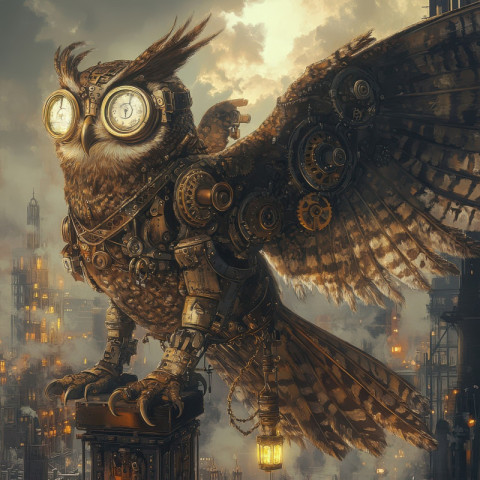 A steam powered owl with intricate metal wings soars through the air A steam powered owl with intricate metal wings soars through the air