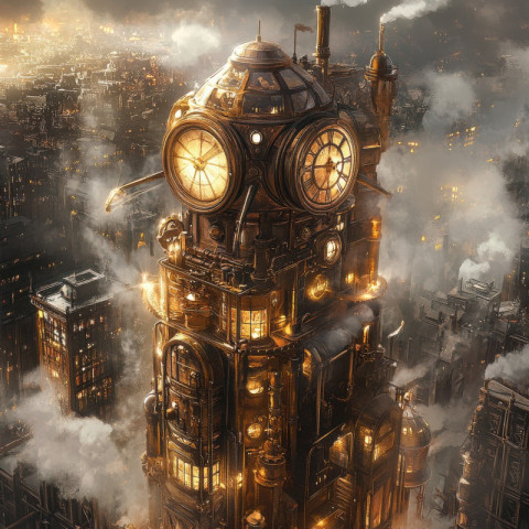 A towering brass and glass city filled with clockwork machines A towering brass and glass city filled with clockwork machines