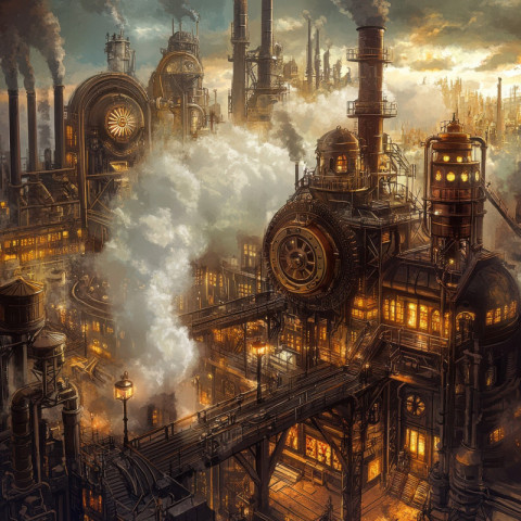 A vast factory with towering smokestacks and cog driven machines churns with steam and industry A vast factory with towering smokestacks and cog driven machines churns with steam and industry
