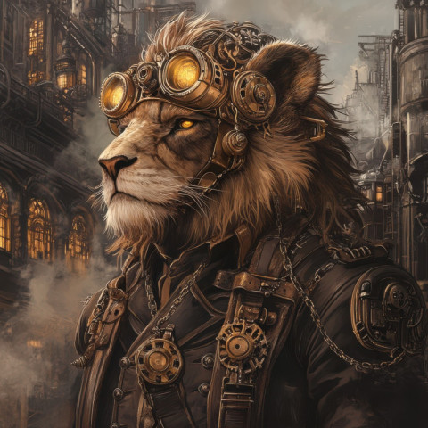 A mechanical lion with brass gears and glowing eyes roars as it prowls through a steam powered city A mechanical lion with brass gears and glowing eyes roars as it prowls through a steam powered city