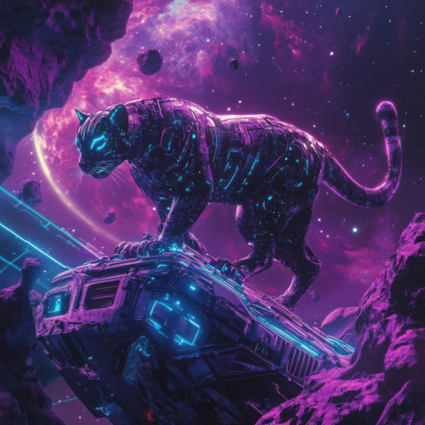 Bioluminescent space panther with glowing fur prowls on an asteroid under a neon lit sky Bioluminescent space panther with glowing fur prowls on an asteroid under a neon lit sky