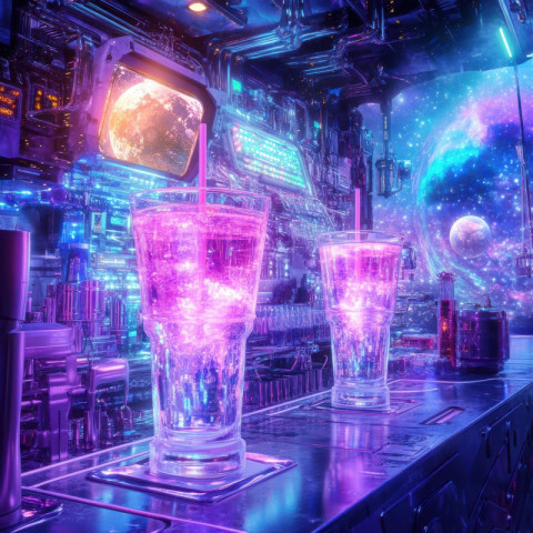 Anti grav café with levitating tables serves glowing drinks to cosmic travelers Anti grav café with levitating tables serves glowing drinks to cosmic travelers