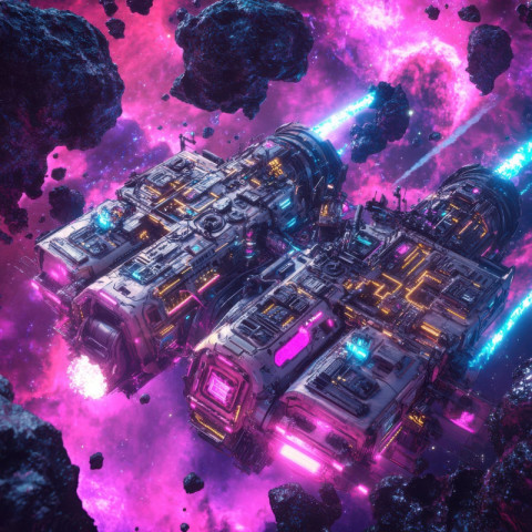 Asteroid mining rigs with plasma drills carve through floating rocks Asteroid mining rigs with plasma drills carve through floating rocks