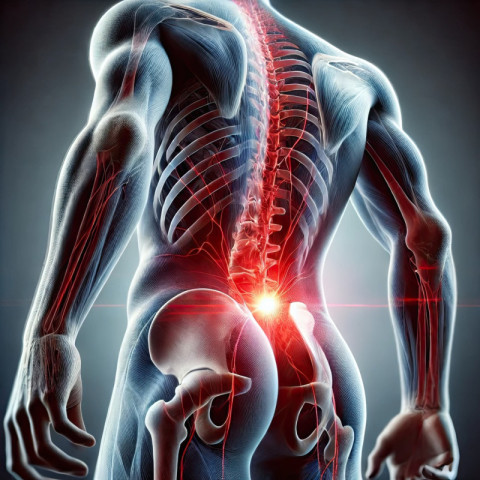 Lower back highlighted with a red glow to show pain or discomfort