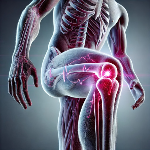 Knee highlighted with an intense magenta glow to show pain or discomfort