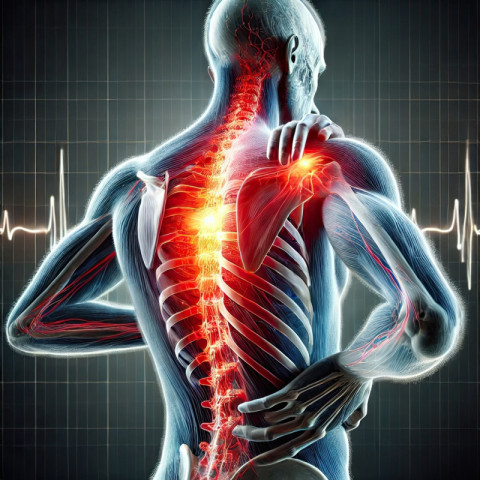 Upper back highlighted with a fiery red glow to indicate pain or discomfort