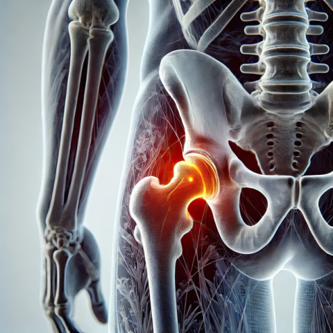 Hip highlighted with a deep orange glow to indicate pain or discomfort