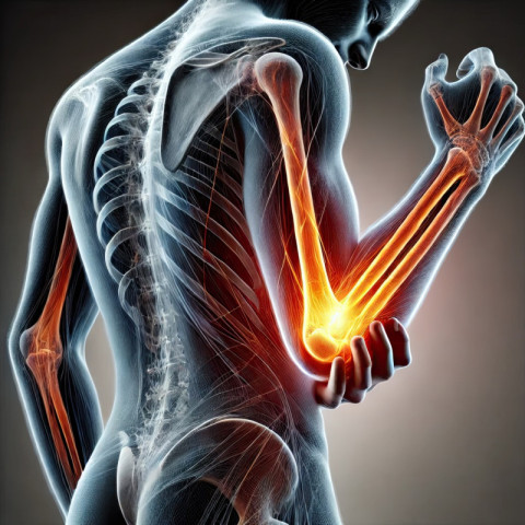 Elbow highlighted with a fiery orange glow to show pain or discomfort