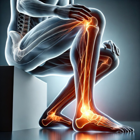 Shin highlighted with a bright orange glow to indicate pain or discomfort