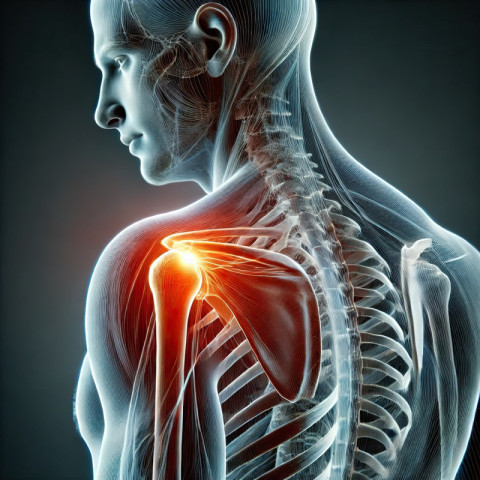 Shoulder highlighted with a bright orange glow to indicate pain or discomfort
