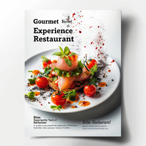 Energetic flyer designs of a gourmet bites restaurant with text experience the taste of perfection Energetic flyer designs of a gourmet bites restaurant with text experience the taste of perfection