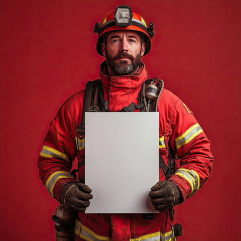 Firefighter holding separate blank white panel on maroon background Firefighter holding separate blank white panel on maroon background