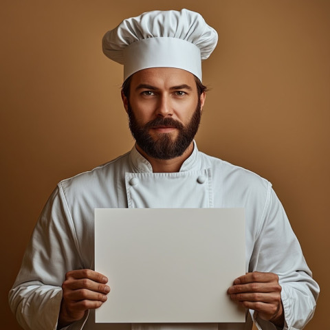 Chef holding separate blank white panel on olive background Chef holding separate blank white panel on olive background
