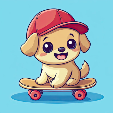 A puppy wearing a red baseball cap rides a skateboard A puppy wearing a red baseball cap rides a skateboard