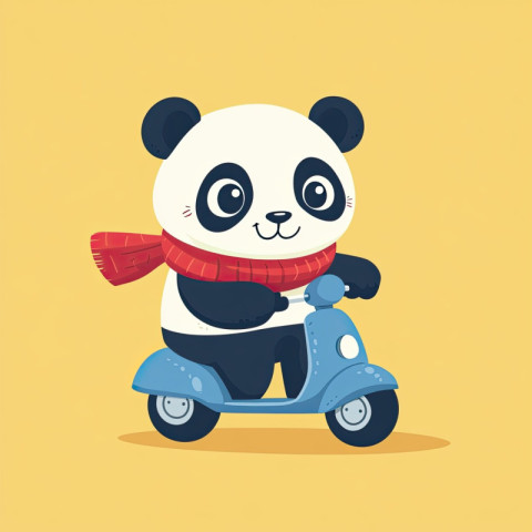 A chubby panda wearing a red scarf rides a tiny blue scooter A chubby panda wearing a red scarf rides a tiny blue scooter
