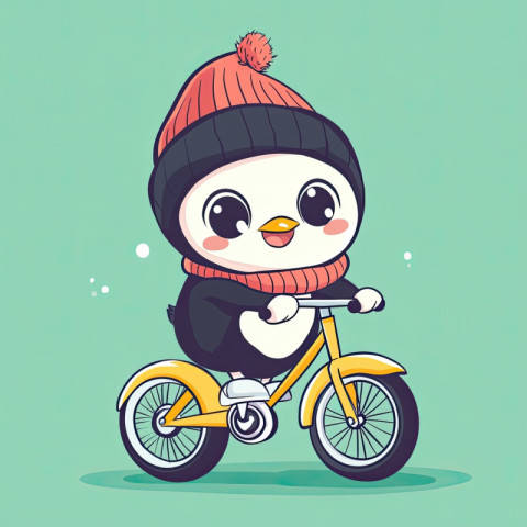 A cute chubby penguin wearing a warm woolly beanie rides a tiny yellow bicycle A cute chubby penguin wearing a warm woolly beanie rides a tiny yellow bicycle