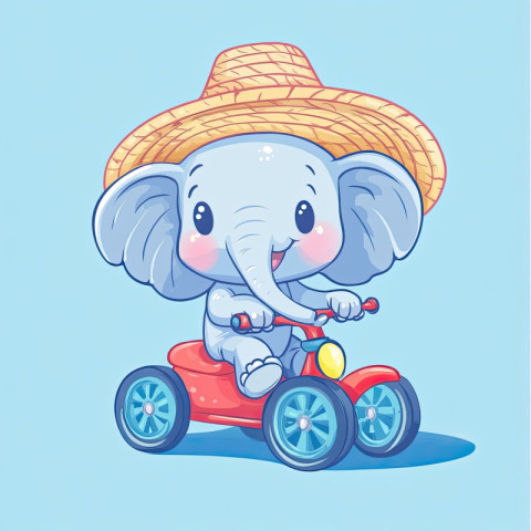 A playful baby elephant wearing a straw hat rides a colorful tricycle A playful baby elephant wearing a straw hat rides a colorful tricycle
