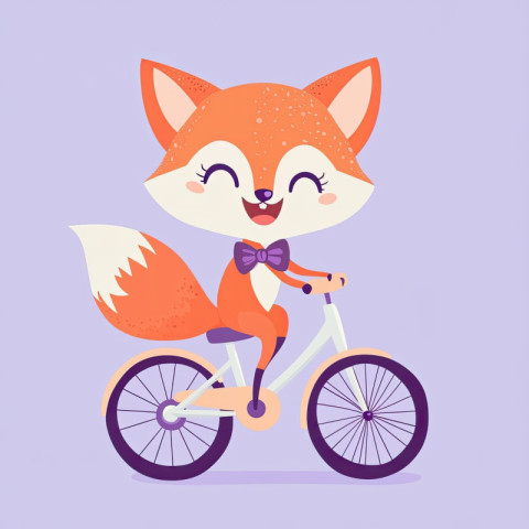 A smiling red fox wearing a tiny bowtie rides a pastel-colored bicycle A smiling red fox wearing a tiny bowtie rides a pastel-colored bicycle