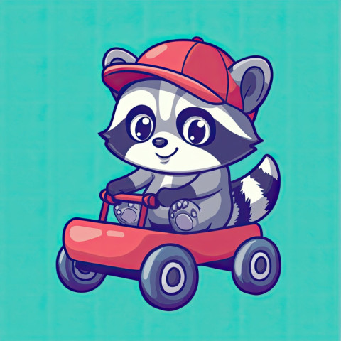 A chubby raccoon wearing a tiny baseball cap rides a small red wagon A chubby raccoon wearing a tiny baseball cap rides a small red wagon
