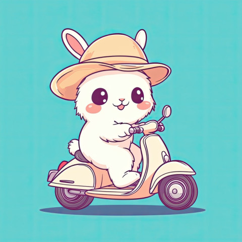 A fluffy white bunny wearing a little sunhat rides a vintage-style scooter A fluffy white bunny wearing a little sunhat rides a vintage-style scooter