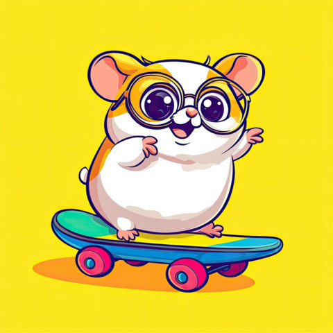 A tiny chubby hamster wearing round glasses rides a colorful skateboard A tiny chubby hamster wearing round glasses rides a colorful skateboard