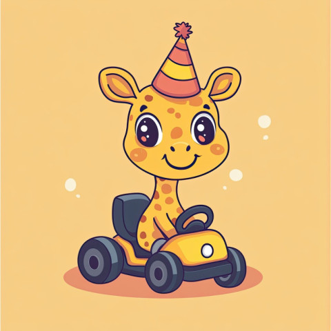 A baby giraffe wearing a little party hat rides a mini go-kart A baby giraffe wearing a little party hat rides a mini go-kart
