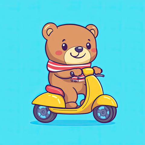 A cute chubby bear wearing a striped scarf rides a tiny yellow scooter A cute chubby bear wearing a striped scarf rides a tiny yellow scooter