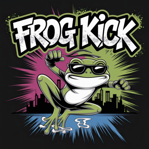 Graffiti-style ninja frog doing a mid-air flip with smoke trails. Bold t-shirt design