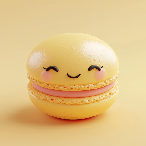 Realistic 3D rendering of a macaron with a winking face in kawaii style. Soft textures Realistic 3D rendering of a macaron with a winking face in kawaii style. Soft textures