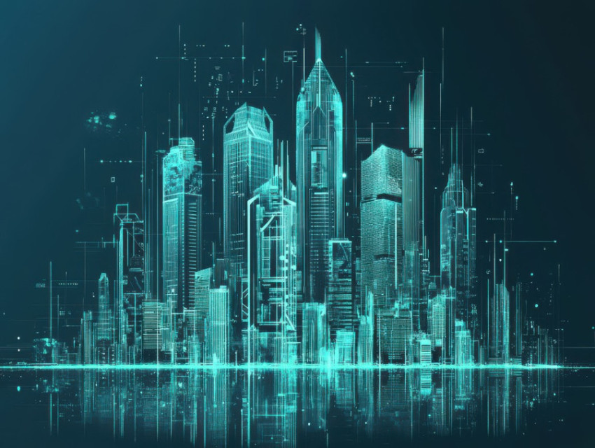 Futuristic city skyline with high tech buildings and infrastructure Futuristic city skyline with high tech buildings and infrastructure