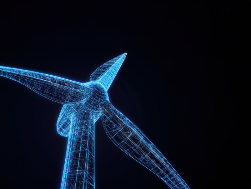 Wind turbine system with rotating blades and energy production details in a blueprint Wind turbine system with rotating blades and energy production details in a blueprint