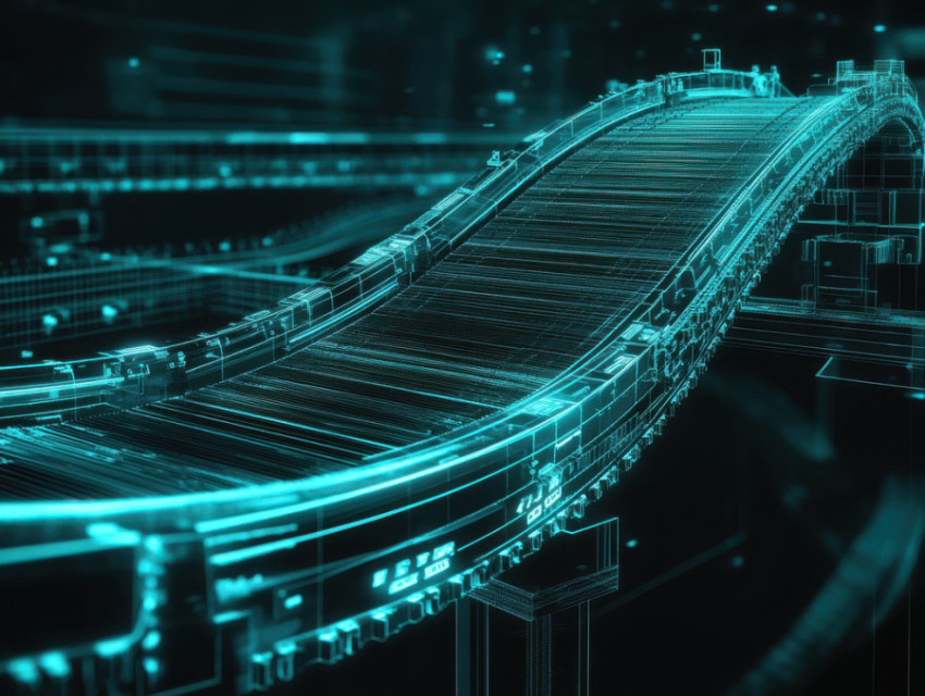 Conveyor belt design with rollers and automated movement layout in a blueprint Conveyor belt design with rollers and automated movement layout in a blueprint