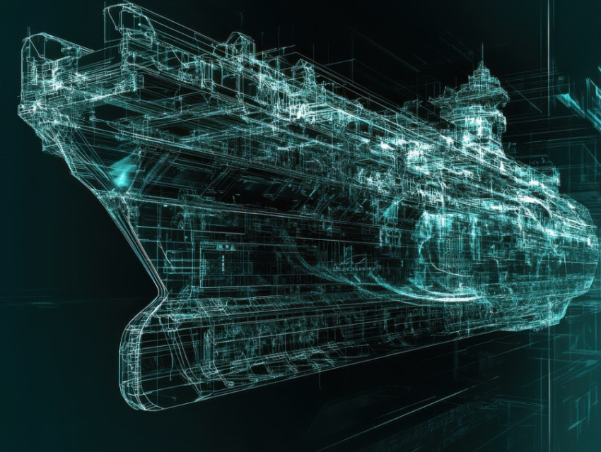 Cargo ship framework with hull and container storage details in a blueprint Cargo ship framework with hull and container storage details in a blueprint