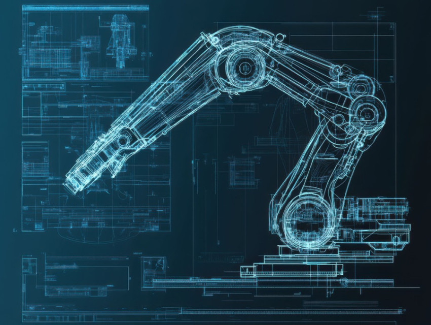 Robotic arm blueprint showing mechanical joints and automation system Robotic arm blueprint showing mechanical joints and automation system