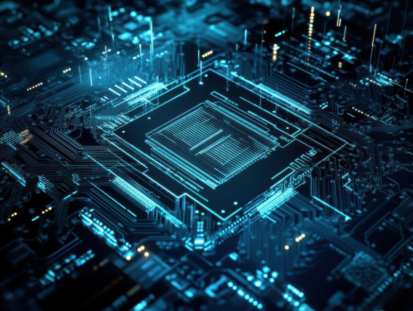 Quantum computer chip layout with circuits and processor details in a blueprint Quantum computer chip layout with circuits and processor details in a blueprint