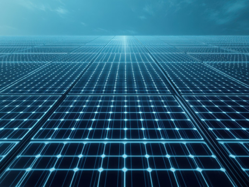 Solar panel grid with photovoltaic cells and energy conversion system in a blueprint Solar panel grid with photovoltaic cells and energy conversion system in a blueprint