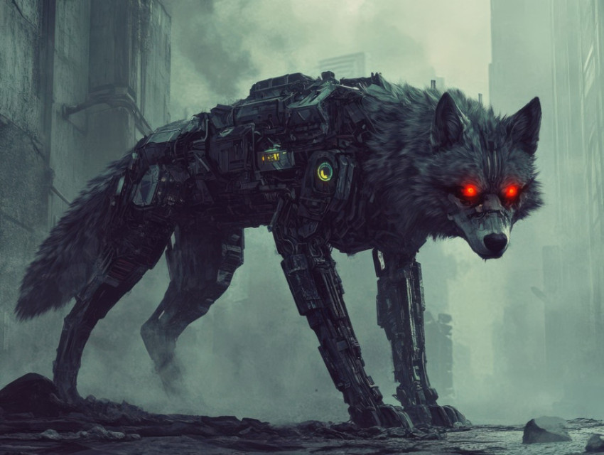 Cybernetic undead wolf with glowing red eyes stands menacingly in the dark Cybernetic undead wolf with glowing red eyes stands menacingly in the dark