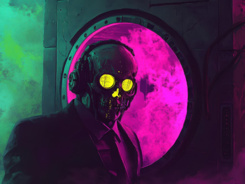 Banker in a skull mask stands in a neon lit vault Banker in a skull mask stands in a neon lit vault