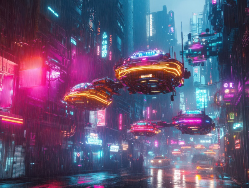 Hover taxis glide smoothly under a neon lit sky Hover taxis glide smoothly under a neon lit sky